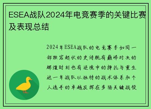 ESEA战队2024年电竞赛季的关键比赛及表现总结